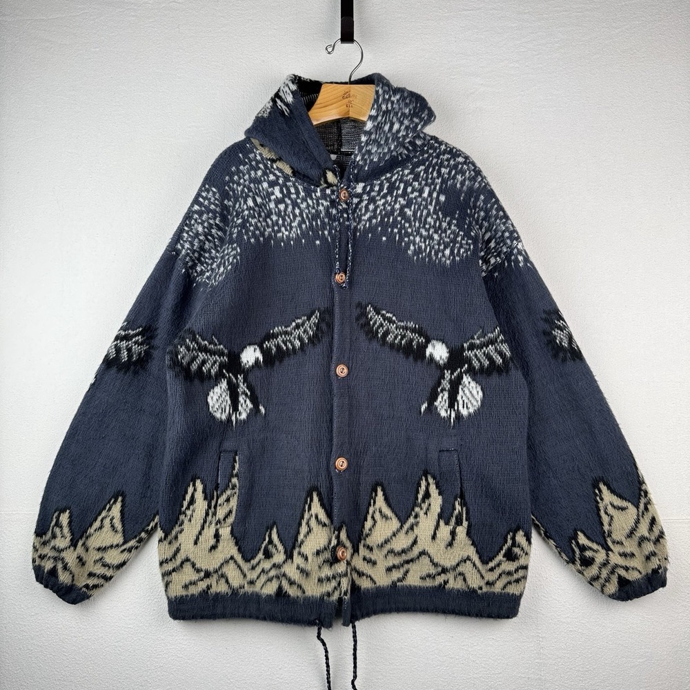 Puruhua Handmade Men's L Full Zip Acrylic Eagles Mountains‎ Hood Sweater Ecuador